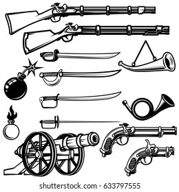 Set of ancient weapon. Muskets, saber, cannons, bombs. Design elements for logo, label, emblem, sign, badge. Vector illustration