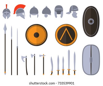 Set of ancient weapon and protective equipment. Spear, sword, gladius, shield, axe, helmet. Warrior outfit Vector illustration