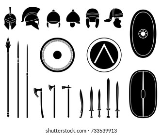 Set of ancient weapon and protective equipment. Spear, sword, gladius, shield, axe, helmet. Warrior outfit Vector illustration