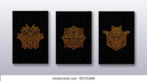 Set of ancients playing cards covers. Poster with alchemy golden symbol.