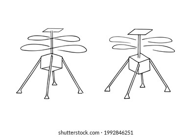 Set of and-drawn robotic reconnaissance drone-helicopters for exploring the planets. Doodle style, simple minimalistic drawing. Fantasy sketch, line art.Isolated.Vector illustration.