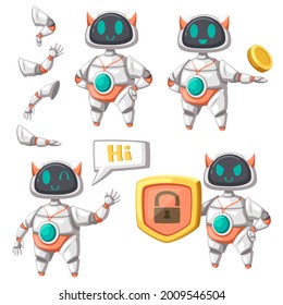Set of android character robot cartoon style futuristic machine for industrial use. Vector isolated futuristic cybernetic objects technology isolated vector illustration.