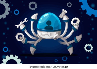 Set of android character robot cartoon style futuristic machine for industrial use. Vector isolated futuristic cybernetic objects technology isolated vector illustration.