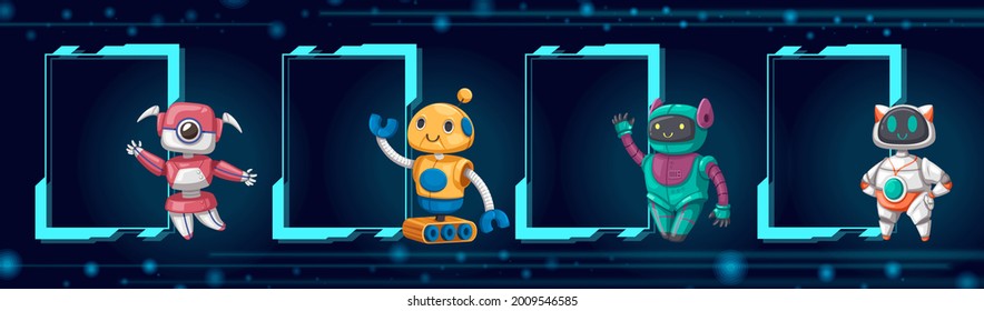 Juego de caricaturas androides estilo robot juguete caricatura máquina futurista para uso doméstico. Vector aislado de la tecnología de objetos ciberneticos futuristas aislado de ilustración vectorial.