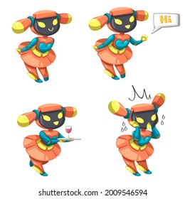 Set of android character robot woman cartoon style futuristic machine for home use. Vector isolated futuristic cybernetic objects technology isolated vector illustration.