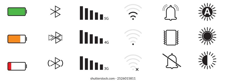 Conjunto de android ícone da barra de status vetor conjunto . barra de status ícone vetor para telefone celular, design de interface do usuário, vetor ícone da barra de status do smartphone.