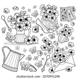 Set of anemones, coloring page for adults and children