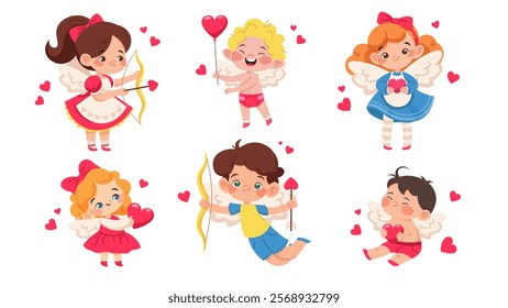 Set of angel babies. Girl and boy with wings. Angels for baby shower. Cupid for Valentine's Day