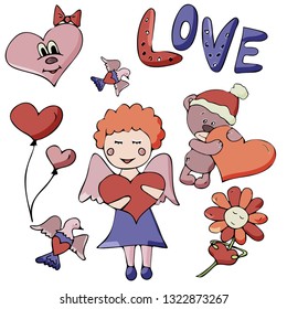 Set with angel, bear, heart, balloons, flower. For valentine's day design. Lettering love.
