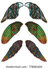 Set of angel or bird colourful wings. Colorful abstract hand drawing sketch, isolated illustration. Woodcut vintage style wings, hipster tattoo or vintage body art concept. Vector.