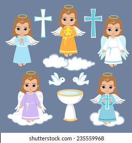 Set Angel boy on the sky with pigeons. Baptism
