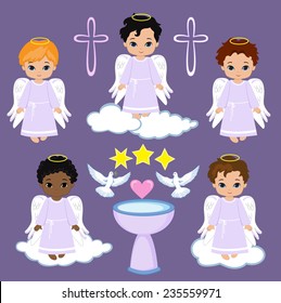 Set Angel boy on the sky with pigeons. Baptism