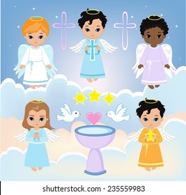 Set Angel boy on the sky with pigeons. Baptism