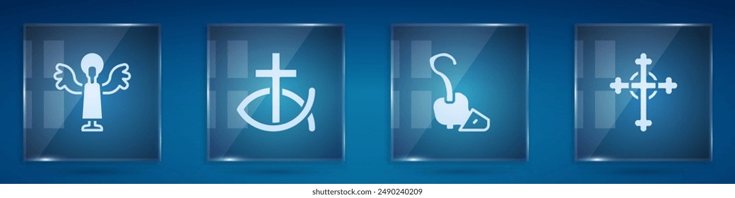 Set Angel, Christian fish, Magic staff and cross. Square glass panels. Vector