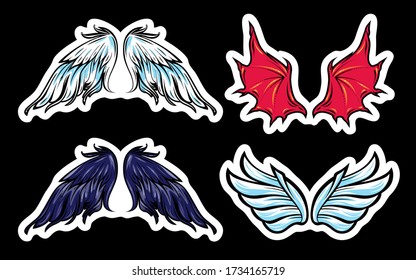 Set of angel and demon vector wings. Colorful cartoon comic style. Good and bad concept illustration. Label, sticker, tag, tattoo design. Black, white, red and blue colors