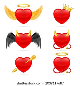 Set von Engel und Devil Hört Symbole auf weißem Hintergrund. Romantisches Lovesickness Symbol. St. Valentine Grußkartendekor oder Heiratsjubiläum