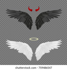 Set of angel and devil realistic wings, horns and halo isolated on transparent background