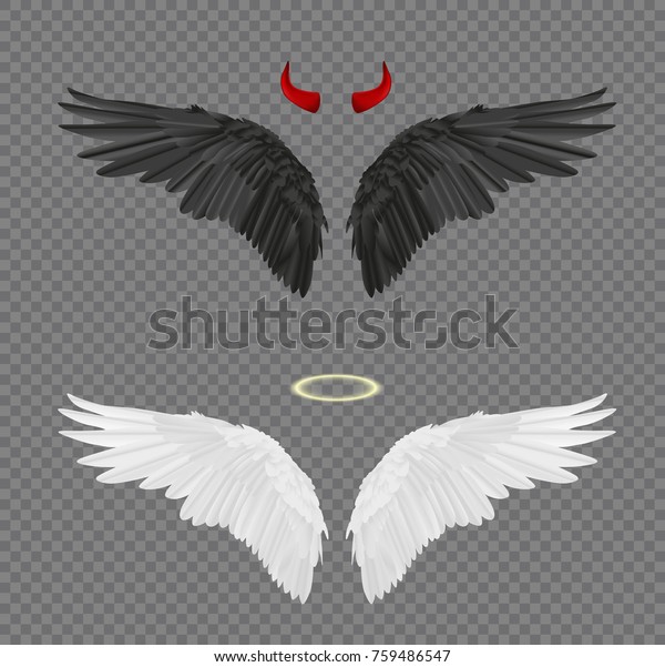 透明な背景に天使と悪魔のリアルな翼 角とハロのセット のベクター画像素材 ロイヤリティフリー
