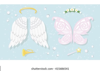 Set of Angel and Fairy wings with headdress - wreath, halo and horn and magic wand