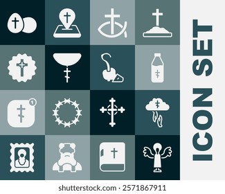 Set Angel, God's helping hand, Holy water bottle, Christian fish, cross on chain, Easter egg and Magic staff icon. Vector