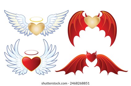 Conjunto de ángel contra el corazón malvado o concepto de Halloween aislado. Eps