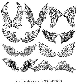 Set of angel wings. Wings collection Black white vector illustration. Tattoo. svg