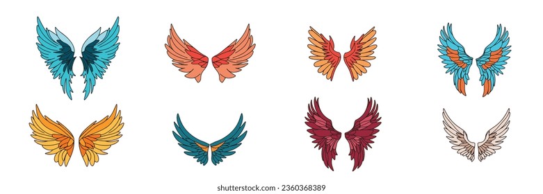 Set of angel wings colored outline. Hand drawn wings in doodle style. Abstract wings with outline. Vector illustration.