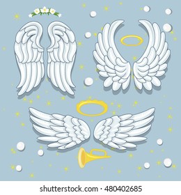 a set of angel wings, a halo and a wreath, photo booth props
