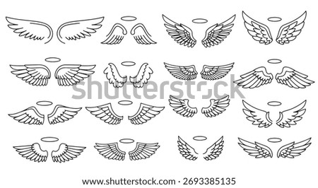 A set of angel wings with halos, depicted in a clean and simple line art style, showcasing various wing designs and halo placements.