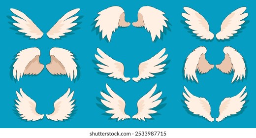 Set of Angel Wings in Hand-Drawn Style. Flat wings of birds. Angelic feathered elements. Perfect for holiday card, religious backgrounds, icons.