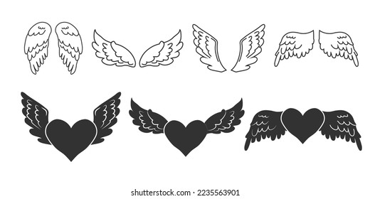 Set Angel wings with heart, outline and silhouette in cartoon style isolated on blue background, design element for decoration.