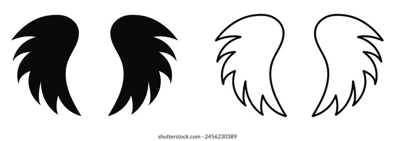 Set of angel wings icon collection. Black flat and line sketch. Vector Illustration.