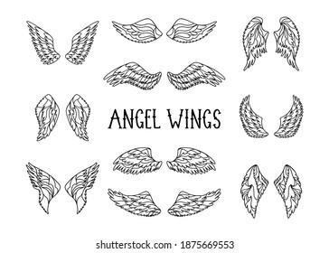 Set of angel wings in sketch style. Hand drawn vector illustration isolated on white background. Graphic tattoo design for woman.