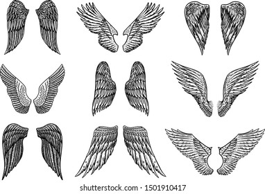 Set of Angel wings in vintage style. Template for tattoo and emblems, t-shirts and logo. Emblem for stickers. Engraved sketch. Vector illustration.