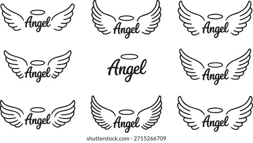 Conjunto de logotipos de alas angelicales con texto. Diseños tipográficos de contorno con alas de halo y plumas. Emblema colección de Elementos simbólicos celestiales. Ilustraciones vectoriales perfectas para pegatinas de diseño de ropa o marca espiritual.