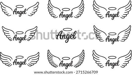 Set of angelic wings logos with text. Outline typographic designs featuring halo and feather wings. Emblem collection of heavenly symbolic elements. Vector illustrations perfect for apparel design stickers or spiritual branding.