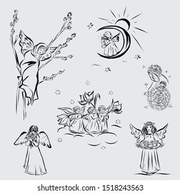 Set of angels. Biblical heavenly symbol of man with wings. Decor for greeting retro cards for Christmas, Easter and other religious holidays. 