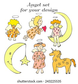 Set angels. Set of characters of Valentine's Day and Christmas. Angels, unicorn and the moon.Vector.
