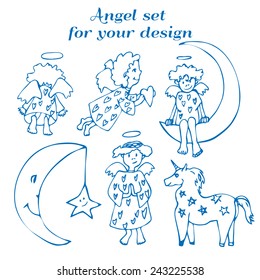 Set angels. Set of characters of Valentine's Day and Christmas. Angels, unicorn and the moon.Vector.