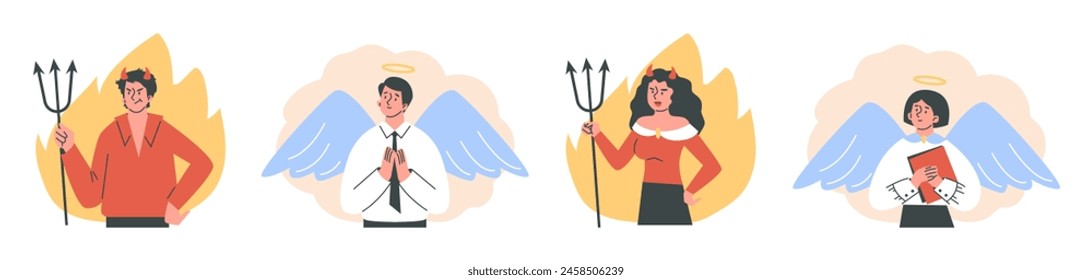 Set of angels and devils people flat style, vector illustration isolated on white background. Decorative design elements collection, bad and good people, behavior