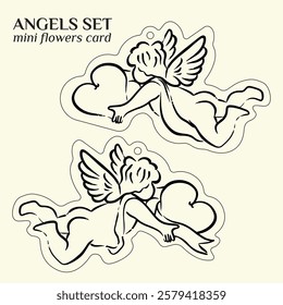 Set with angels drawing for mini flower tag, postcard. Hand drawn lineart of angels holding hearts in their hands (space for the name of the recipient of flowers). Vector with die cut. Cherub wings