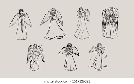 Set of angels with flowers, Bible book. Biblical heavenly symbol of man with wings. Decor for greeting retro cards for Christmas, Easter and other religious holidays.