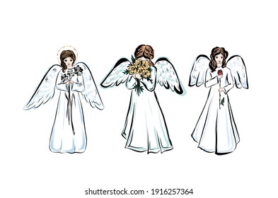 Set of angels girls. Heaven people from the Bible. Amur. Cupid with rings. Icon for Christmas cards. Religious symbol. Magic illustration for children's books