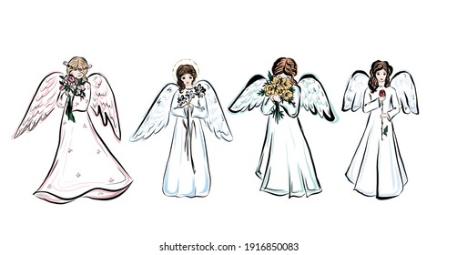 Set of angels girls. Heaven people from the Bible. Amur. Cupid with rings. Icon for Christmas cards. Religious symbol. Magic illustration for children's books