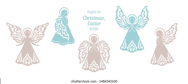 Set of angels patterned in same style ornament. Vector concept for wood carving, laser paper cutting, Baptism, Christmas and Easter decorations. Beautiful isolated applique on a white background. 