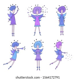 Set of angels with wings - Angels throwing snowflakes, holding a basket, a bugle, a candle, a magic wand - Funny character in doodle style - Vector illustration in winter mood