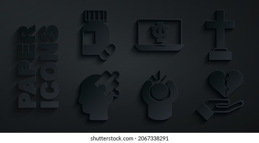 Set Anger, Graves funeral sorrow, Solution to the problem, Broken heart divorce, Psychologist online and Sedative pills icon. Vector