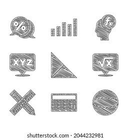 Set Angle bisector of a triangle, Geometric figure Sphere, Square root x glyph, Crossed ruler and pencil, XYZ Coordinate system, Function mathematical symbol and Discount percent tag icon. Vector