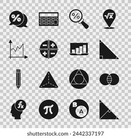 Set Angle bisector of a triangle, Triangle math, Magnifying glass with percent, XYZ Coordinate system, Graph, schedule, chart, diagram, Discount tag and Laptop graph icon. Vector