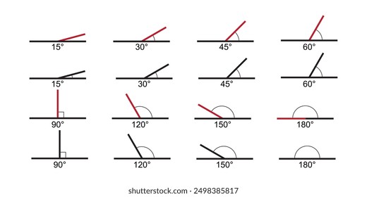 Set of angle degree icons. Different protractor values isolated on white background. Geometric measurements. Mathematics symbols. Vector graphic illustration.